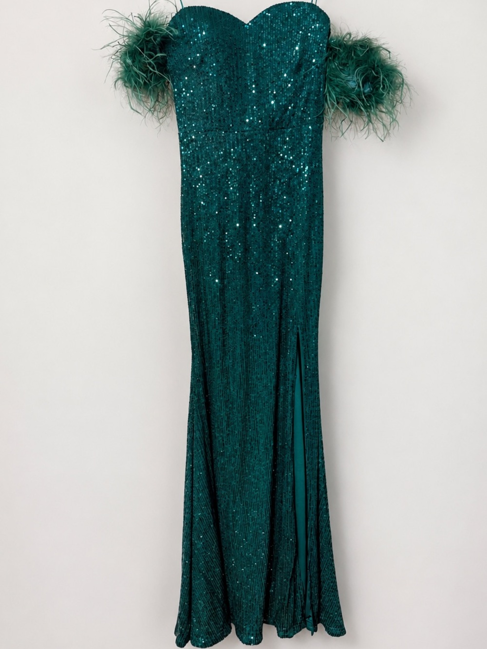 Strapless Emerald Green Sequin Evening Gown with Feather Trim